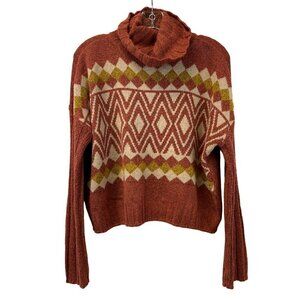 So Women’s Turtleneck Cropped Sweater Multicolor Argyle Print Long Sleeve M New